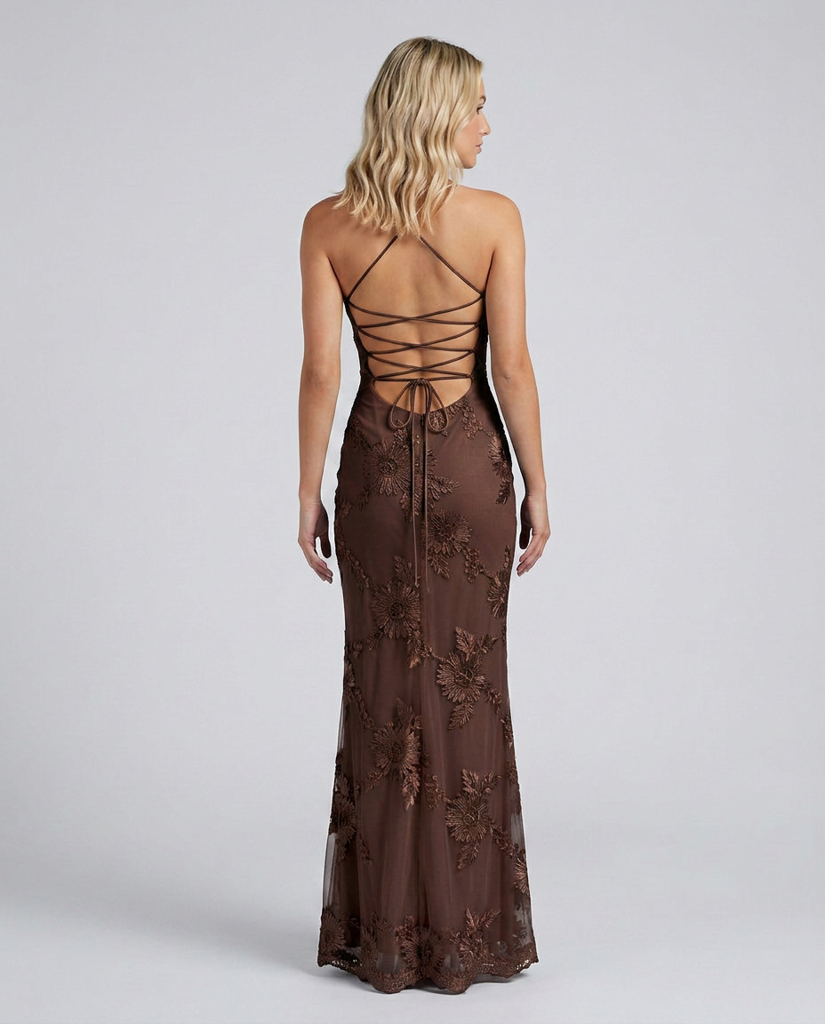 Women's Sweetheart Neck Corset Maxi Dress with Floral Appliqué & Lace-Up Back – Formal