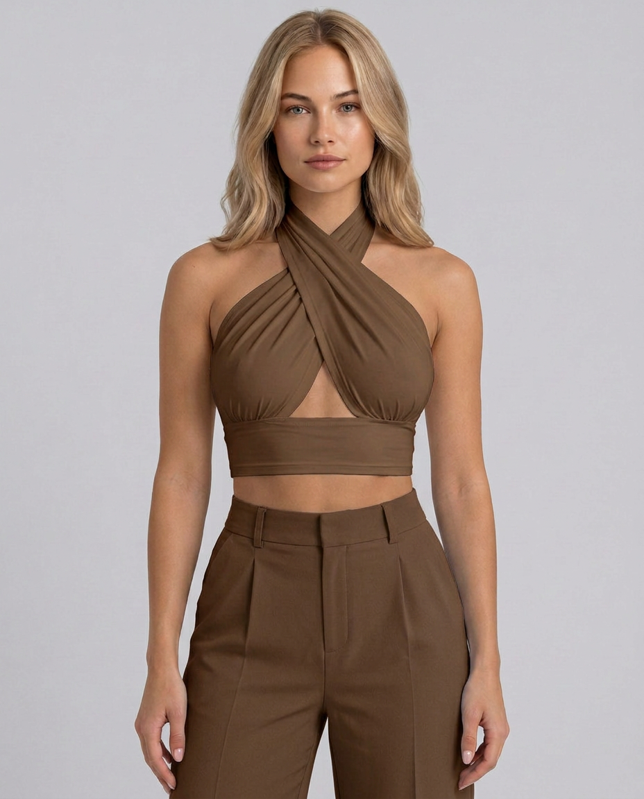 Women's Backless Cross Halter Neck Crop Top – Sleeveless Polyester Summer Going Out Top