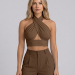 Women's Backless Cross Halter Neck Crop Top – Sleeveless Polyester Summer Going Out Top