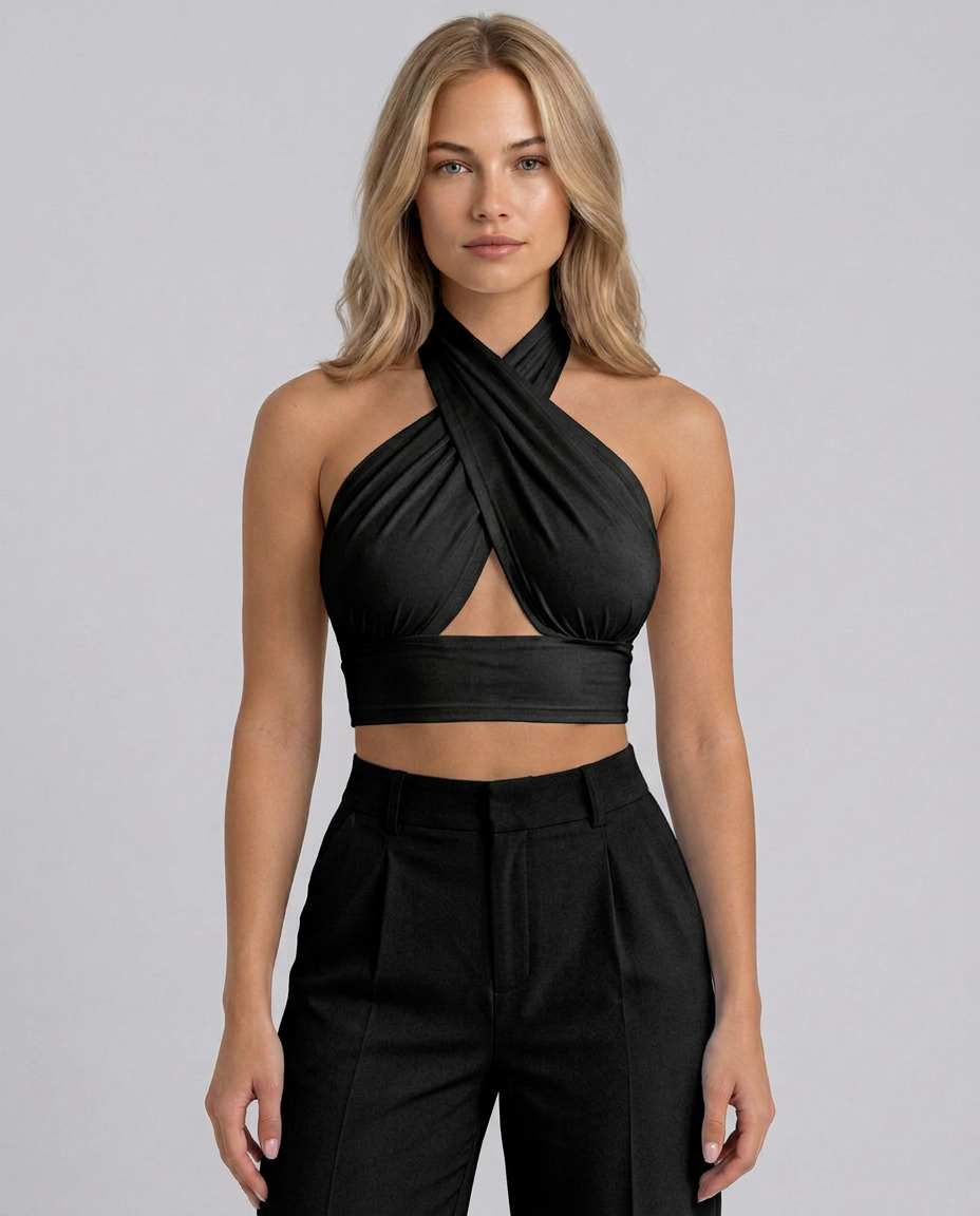 Women's Backless Cross Halter Neck Crop Top – Sleeveless Polyester Summer Going Out Top