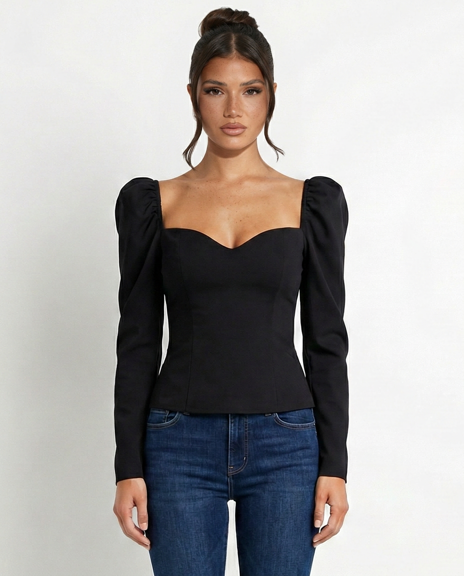 Women's Cropped V-Neck Puff Sleeve Knit Top – Slim Fit Stretch Knit Evening Top