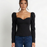 Women's Cropped V-Neck Puff Sleeve Knit Top – Slim Fit Stretch Knit Evening Top