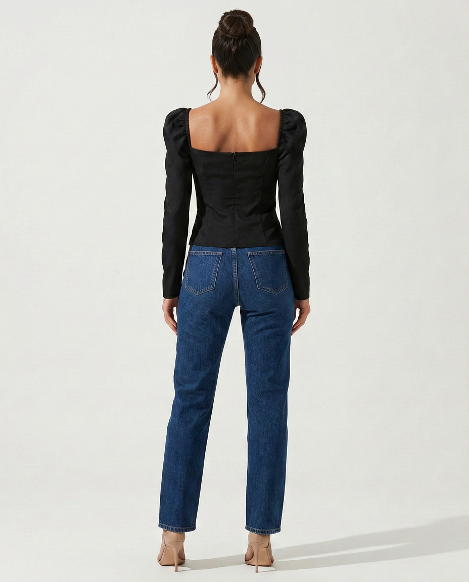 Women's Cropped V-Neck Puff Sleeve Knit Top – Slim Fit Stretch Knit Evening Top