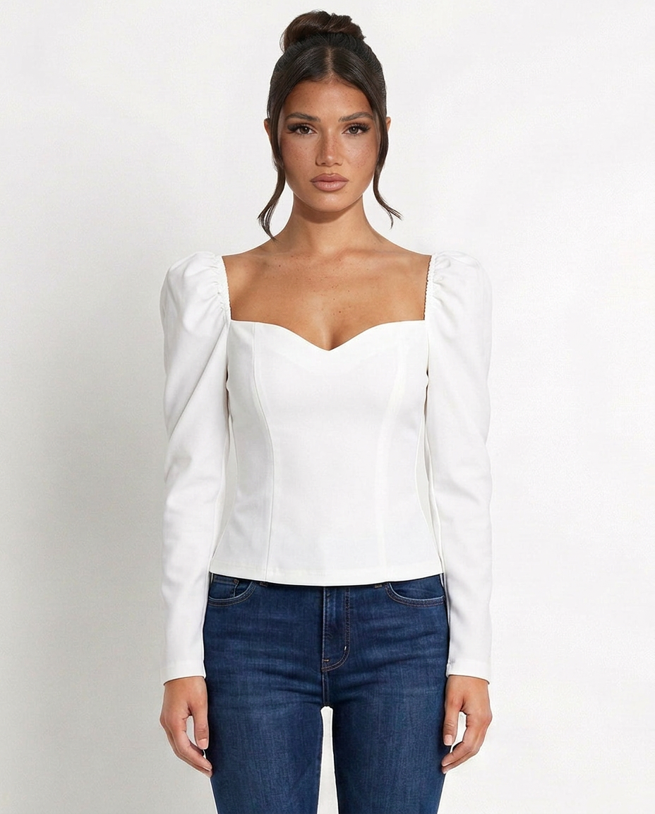Women's Cropped V-Neck Puff Sleeve Knit Top – Slim Fit Stretch Knit Evening Top