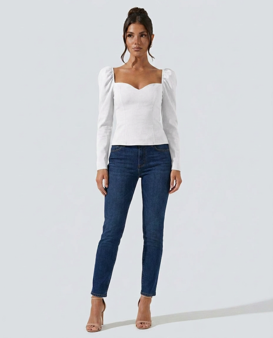 Women's Cropped V-Neck Puff Sleeve Knit Top – Slim Fit Stretch Knit Evening Top