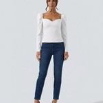 Women's Cropped V-Neck Puff Sleeve Knit Top – Slim Fit Stretch Knit Evening Top