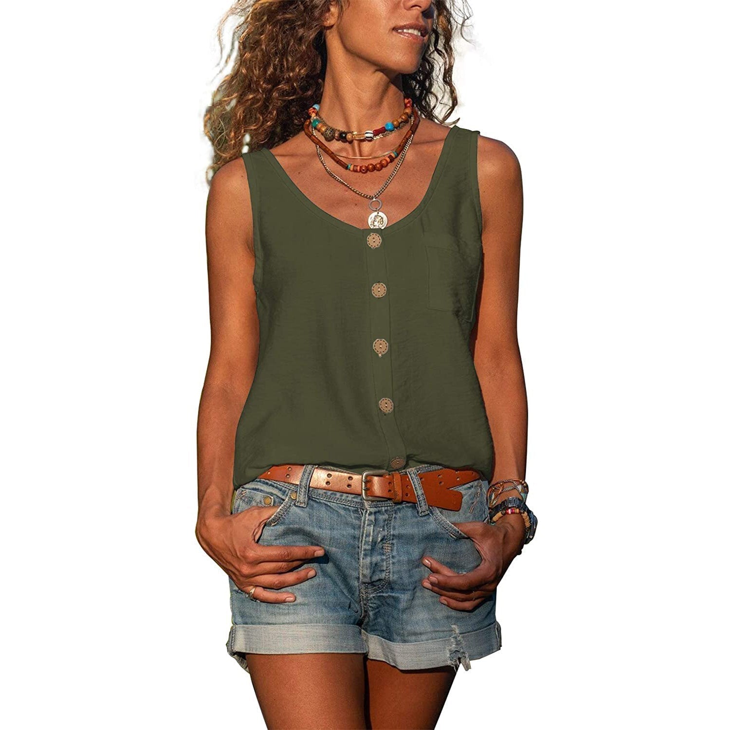 Women's Sleeveless Round Neck Tank Top with Button Details – Casual Summer Top