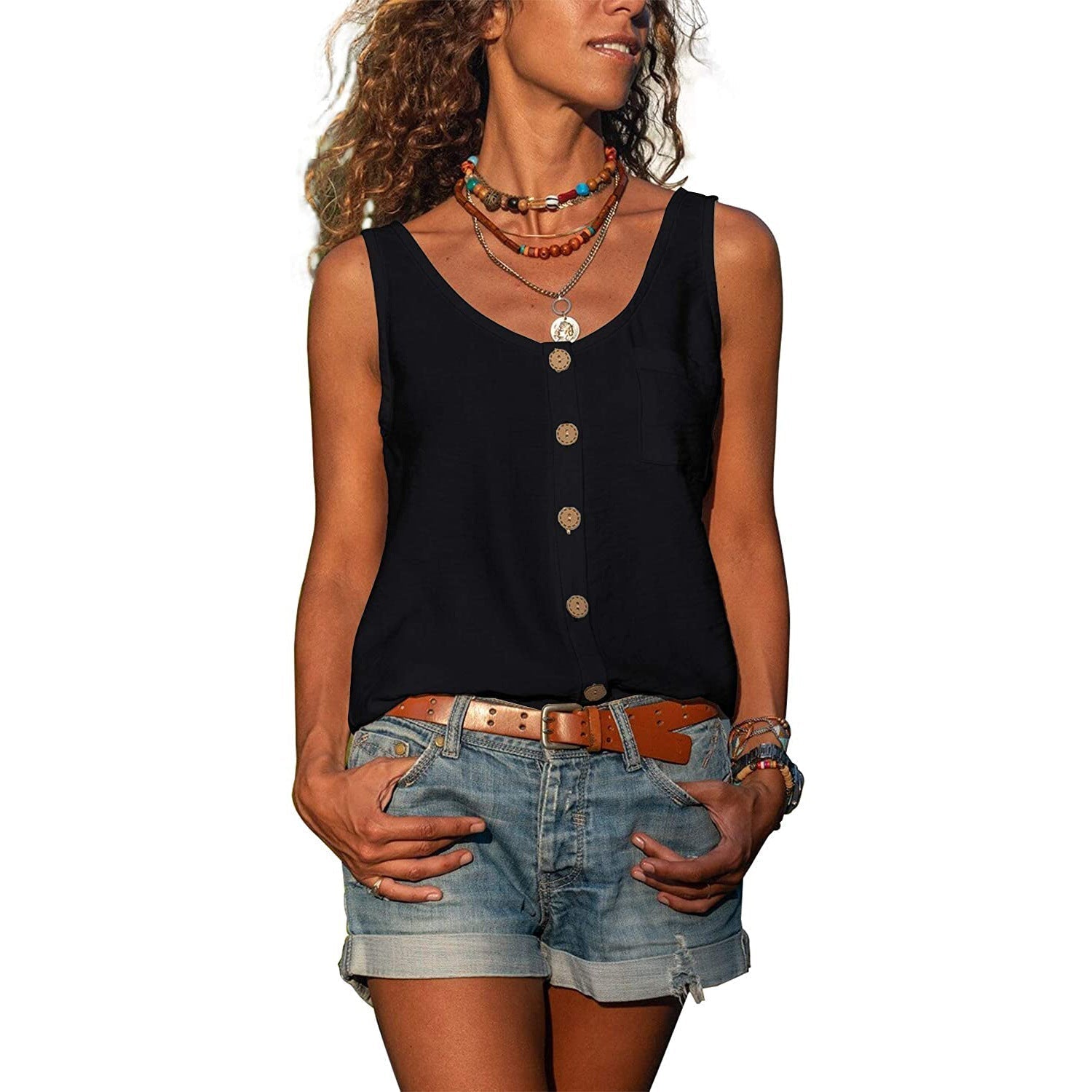 Women's Sleeveless Round Neck Tank Top with Button Details – Casual Summer Top