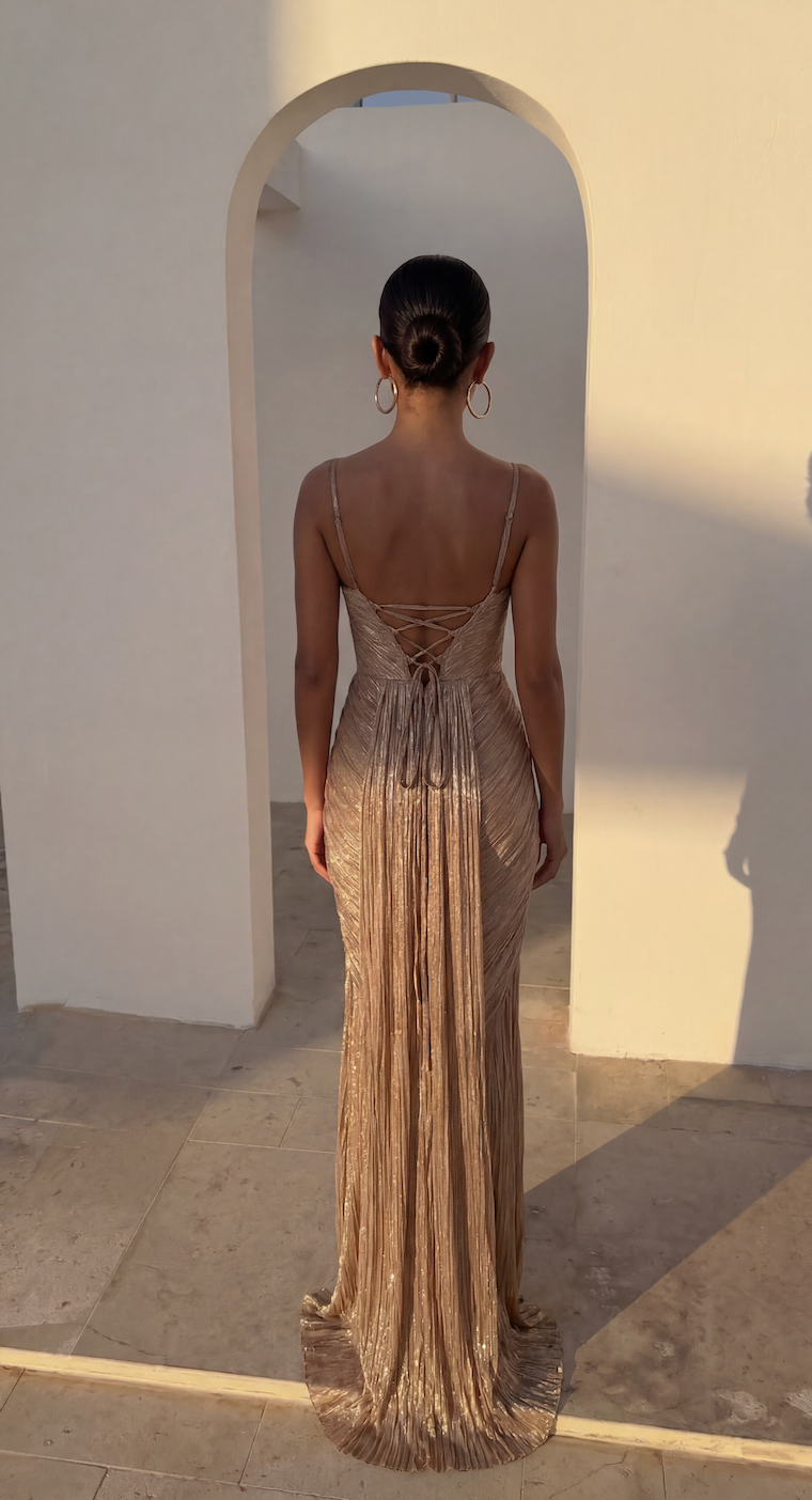 Women's Gold Metallic Corset Maxi Dress – Glamorous Evening Gown, Formal & Gala Dress