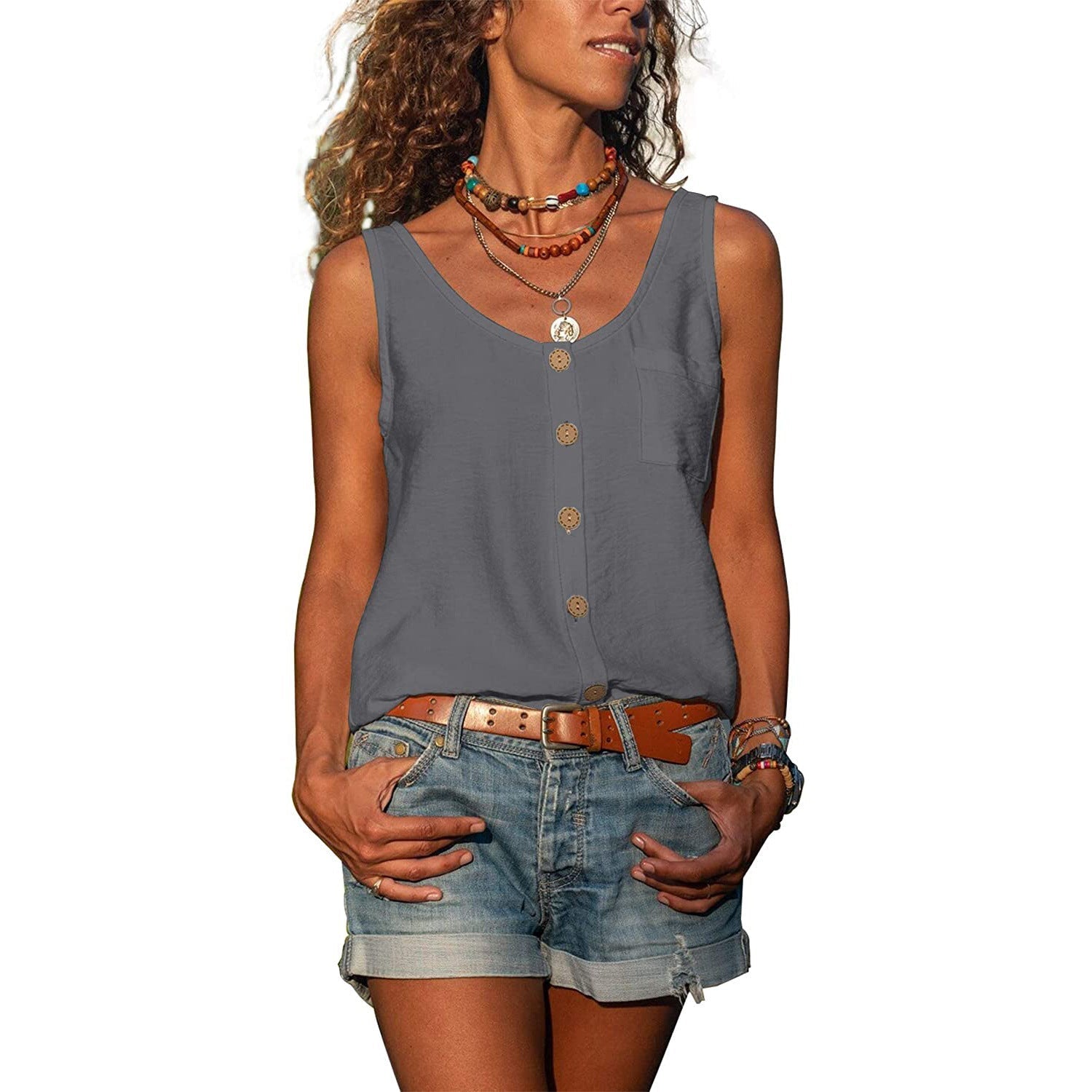 Women's Sleeveless Round Neck Tank Top with Button Details – Casual Summer Top