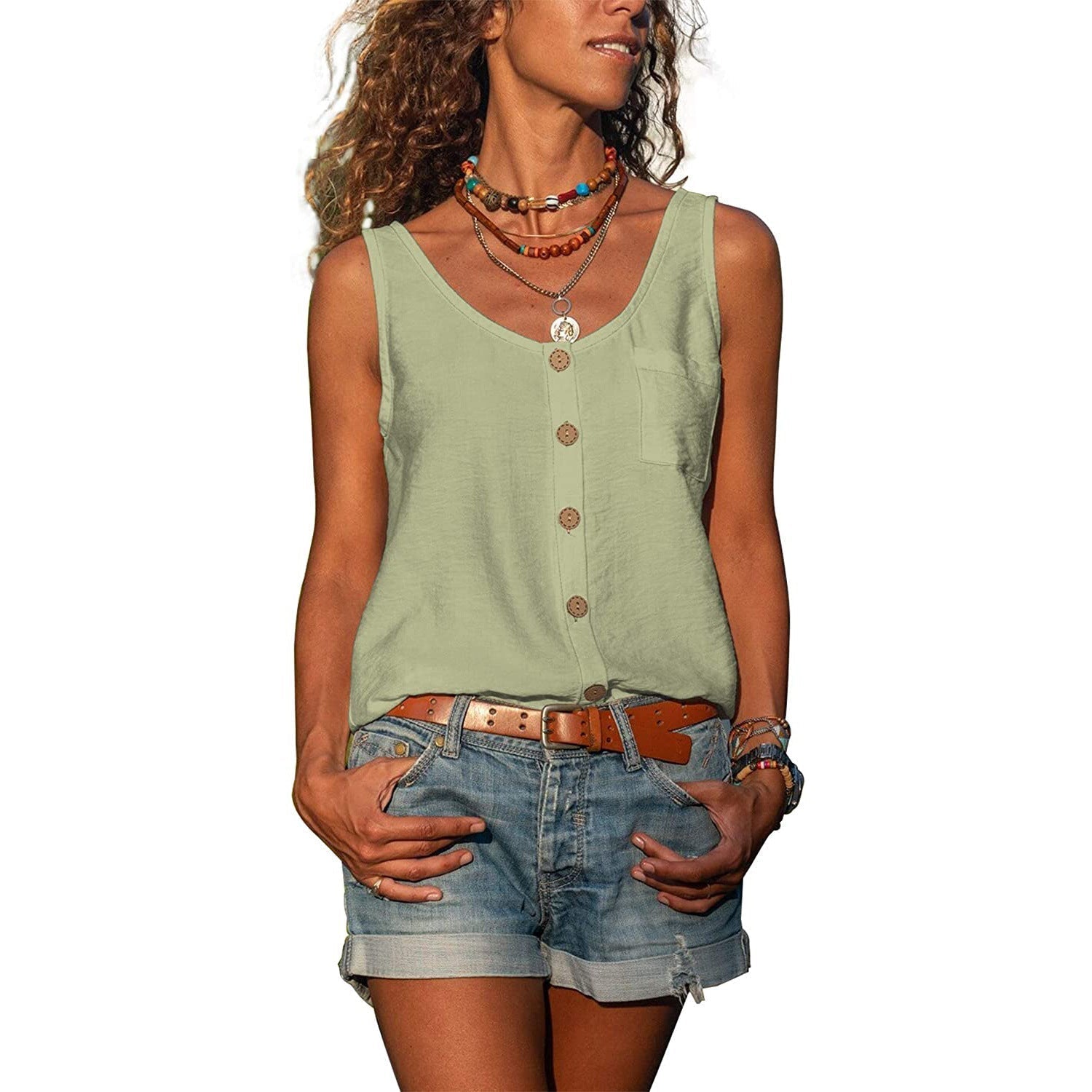 Women's Sleeveless Round Neck Tank Top with Button Details – Casual Summer Top