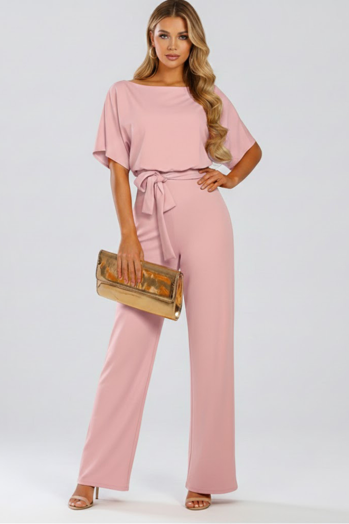 Women's Short Sleeve Wide Leg Jumpsuit with Tie Belt – Casual Summer Full-Length Jumpsuit