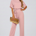 Women's Short Sleeve Wide Leg Jumpsuit with Tie Belt – Casual Summer Full-Length Jumpsuit