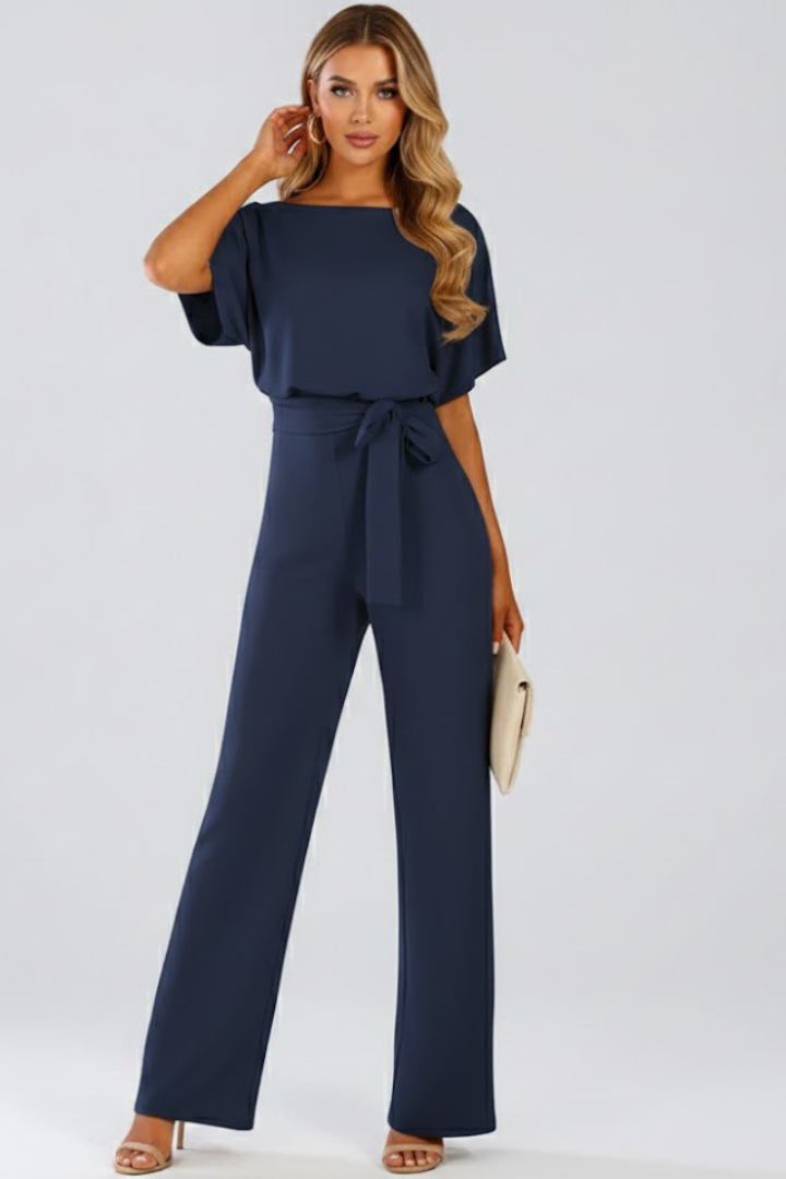 Women's Short Sleeve Wide Leg Jumpsuit with Tie Belt – Casual Summer Full-Length Jumpsuit