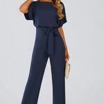 Women's Short Sleeve Wide Leg Jumpsuit with Tie Belt – Casual Summer Full-Length Jumpsuit