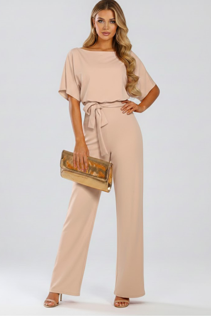 Women's Short Sleeve Wide Leg Jumpsuit with Tie Belt – Casual Summer Full-Length Jumpsuit