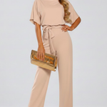 Women's Short Sleeve Wide Leg Jumpsuit with Tie Belt – Casual Summer Full-Length Jumpsuit