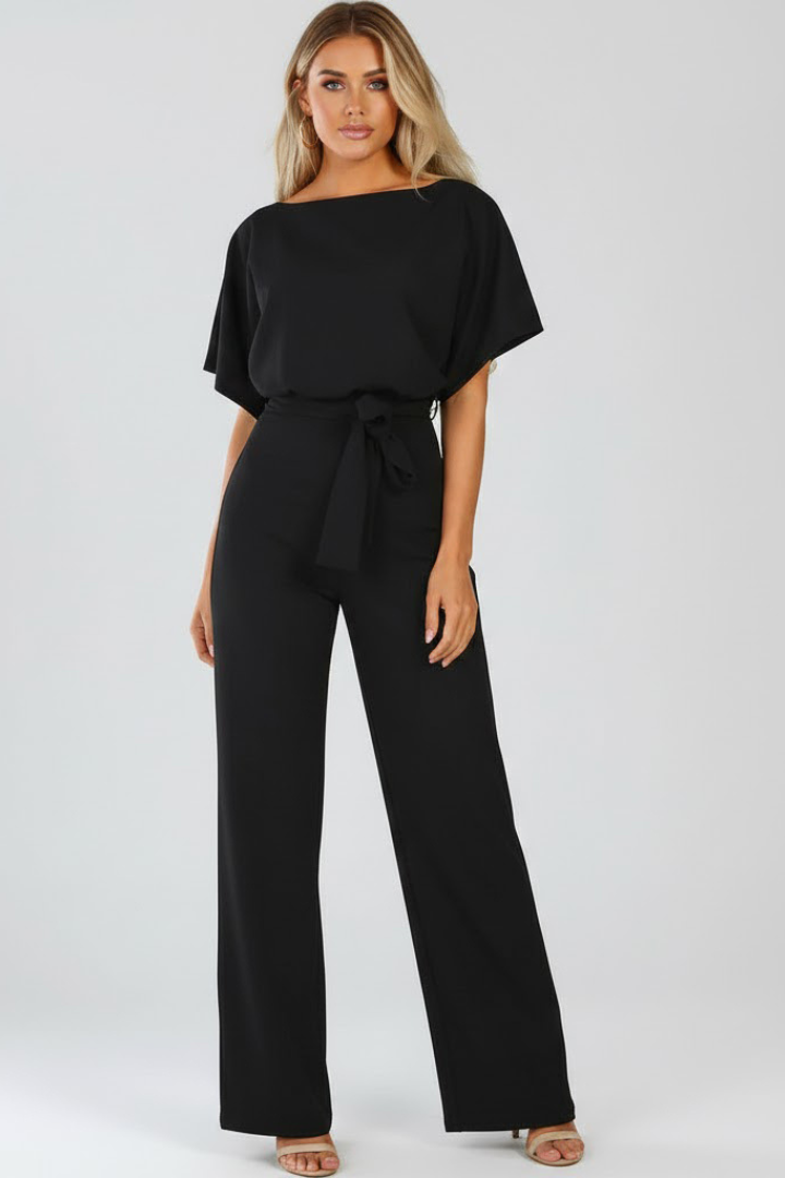 Women's Short Sleeve Wide Leg Jumpsuit with Tie Belt – Casual Summer Full-Length Jumpsuit