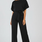 Women's Short Sleeve Wide Leg Jumpsuit with Tie Belt – Casual Summer Full-Length Jumpsuit