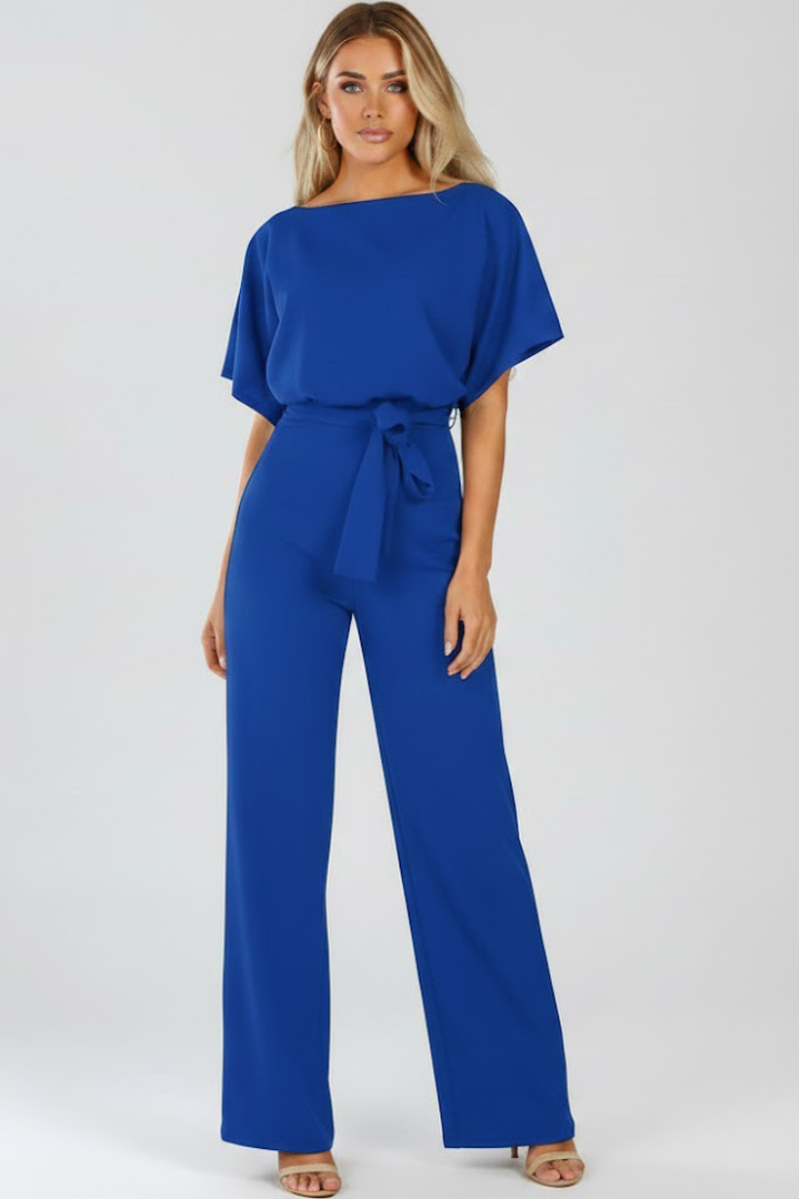 Women's Short Sleeve Wide Leg Jumpsuit with Tie Belt – Casual Summer Full-Length Jumpsuit