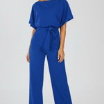 Women's Short Sleeve Wide Leg Jumpsuit with Tie Belt – Casual Summer Full-Length Jumpsuit