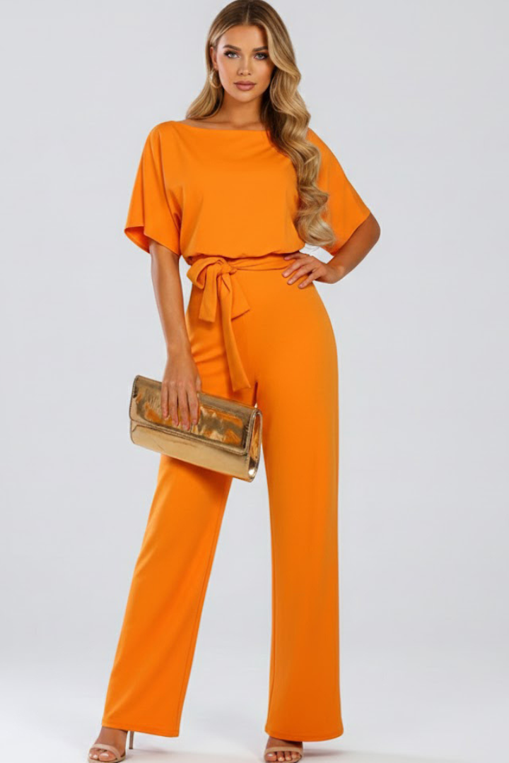 Women's Short Sleeve Wide Leg Jumpsuit with Tie Belt – Casual Summer Full-Length Jumpsuit