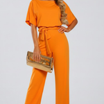 Women's Short Sleeve Wide Leg Jumpsuit with Tie Belt – Casual Summer Full-Length Jumpsuit