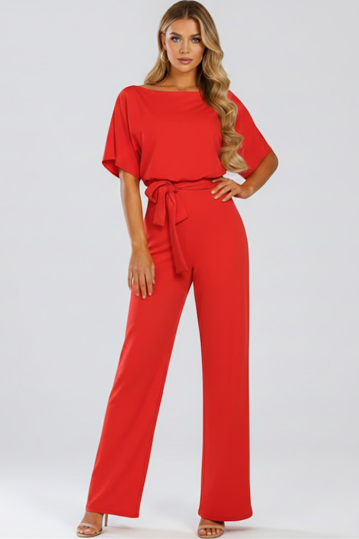 Women's Short Sleeve Wide Leg Jumpsuit with Tie Belt – Casual Summer Full-Length Jumpsuit