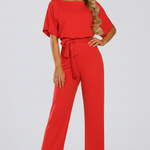 Women's Short Sleeve Wide Leg Jumpsuit with Tie Belt – Casual Summer Full-Length Jumpsuit