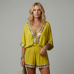 Women's Boho Embroidered V-Neck Top & Shorts Set – Two-Piece Summer Holiday Outfit
