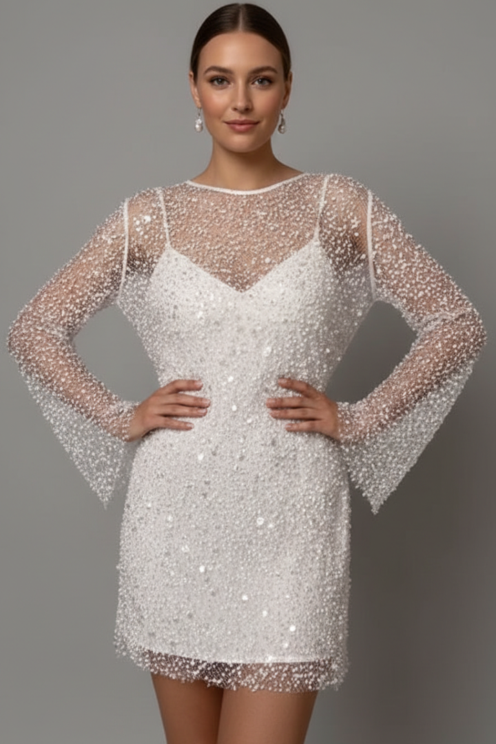 Women's Long Sleeve Mesh Overlay Mini Dress – Embellished Party & Evening Dress