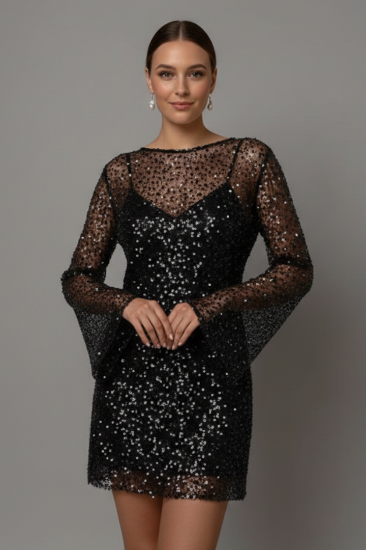 Women's Long Sleeve Mesh Overlay Mini Dress – Embellished Party & Evening Dress