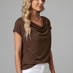 Women's Cowl Neck Draped Front Short Sleeve Blouse – Elegant Casual & Work Top