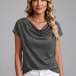 Women's Cowl Neck Draped Front Short Sleeve Blouse – Elegant Casual & Work Top