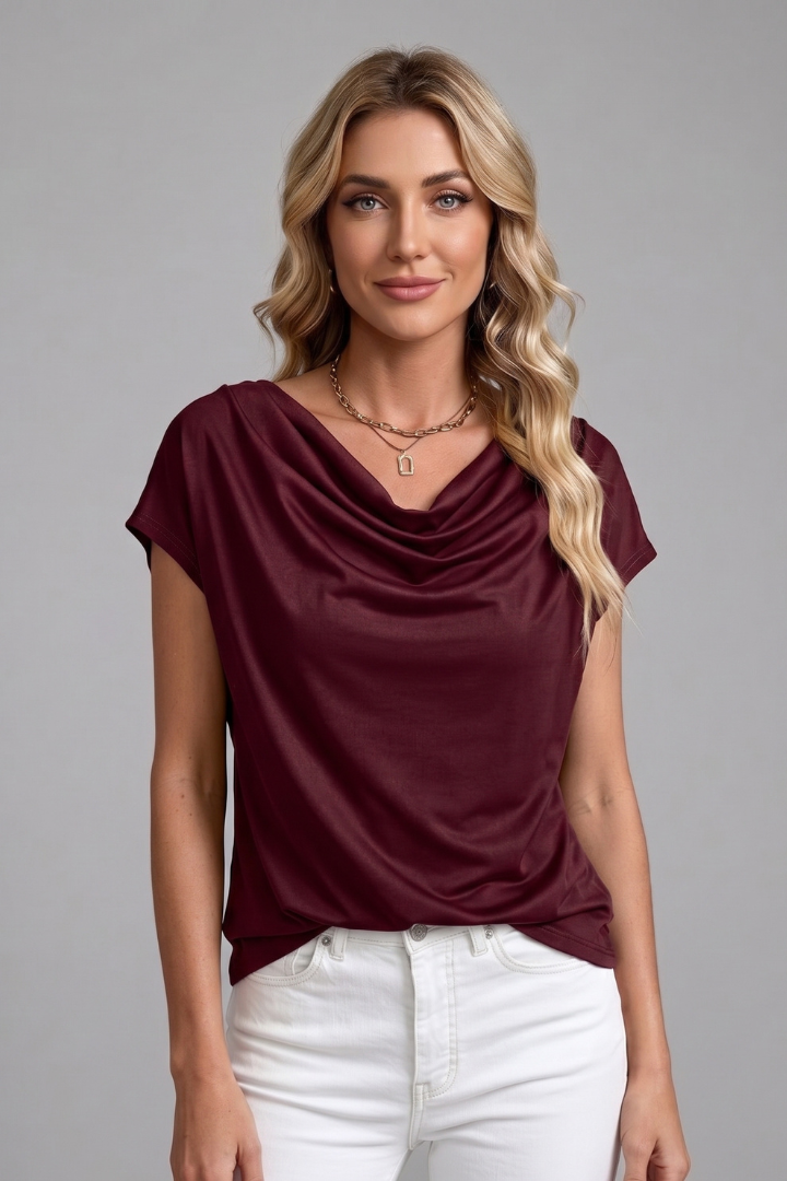 Women's Cowl Neck Draped Front Short Sleeve Blouse – Elegant Casual & Work Top