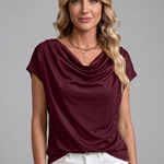 Women's Cowl Neck Draped Front Short Sleeve Blouse – Elegant Casual & Work Top