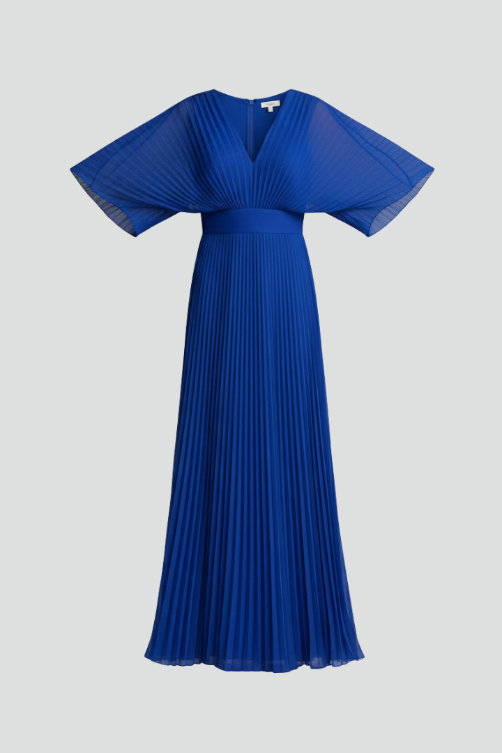 Women's V-Neck Long Sleeve Pleated Maxi Dress – Elegant Wedding Guest & Occasion Dress