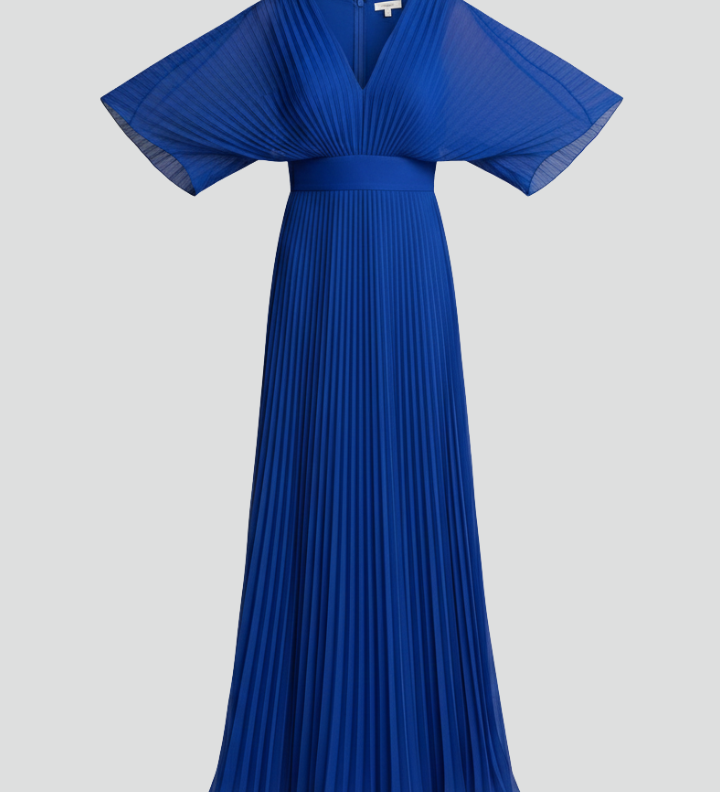 Women's V-Neck Long Sleeve Pleated Maxi Dress – Elegant Wedding Guest & Occasion Dress