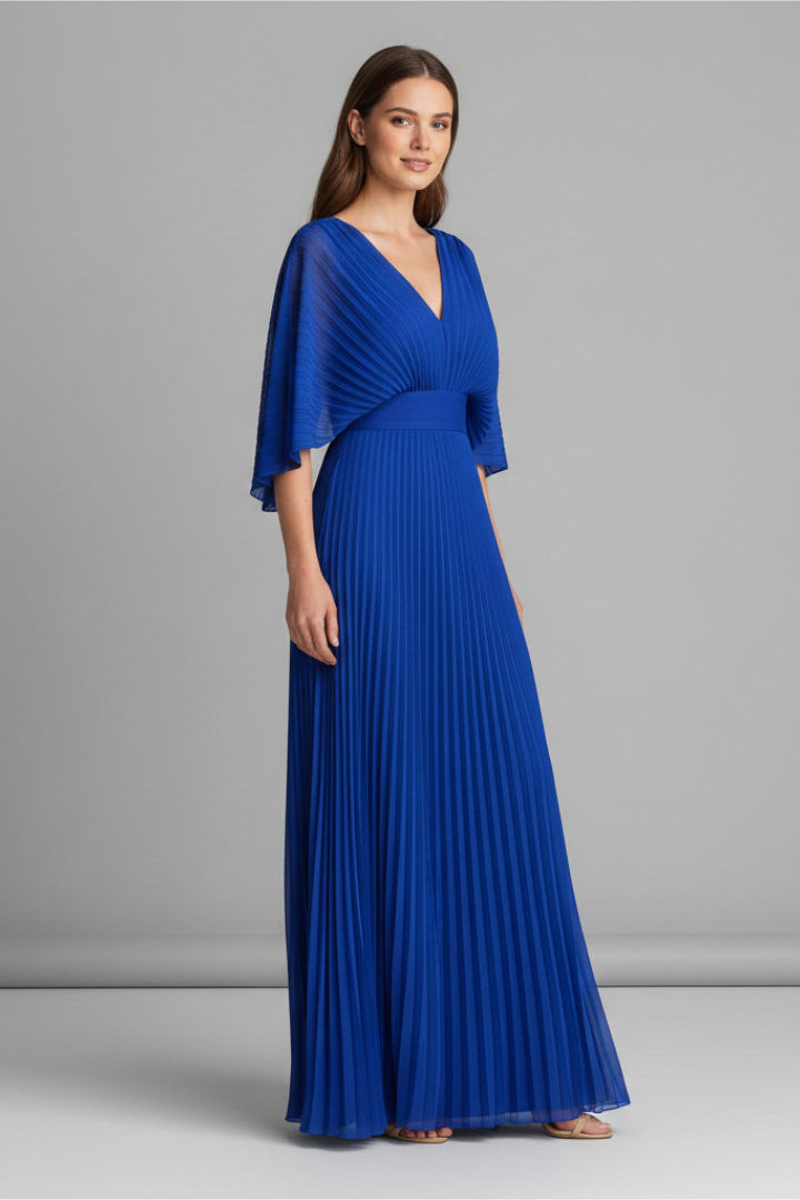 Women's V-Neck Long Sleeve Pleated Maxi Dress – Elegant Wedding Guest & Occasion Dress