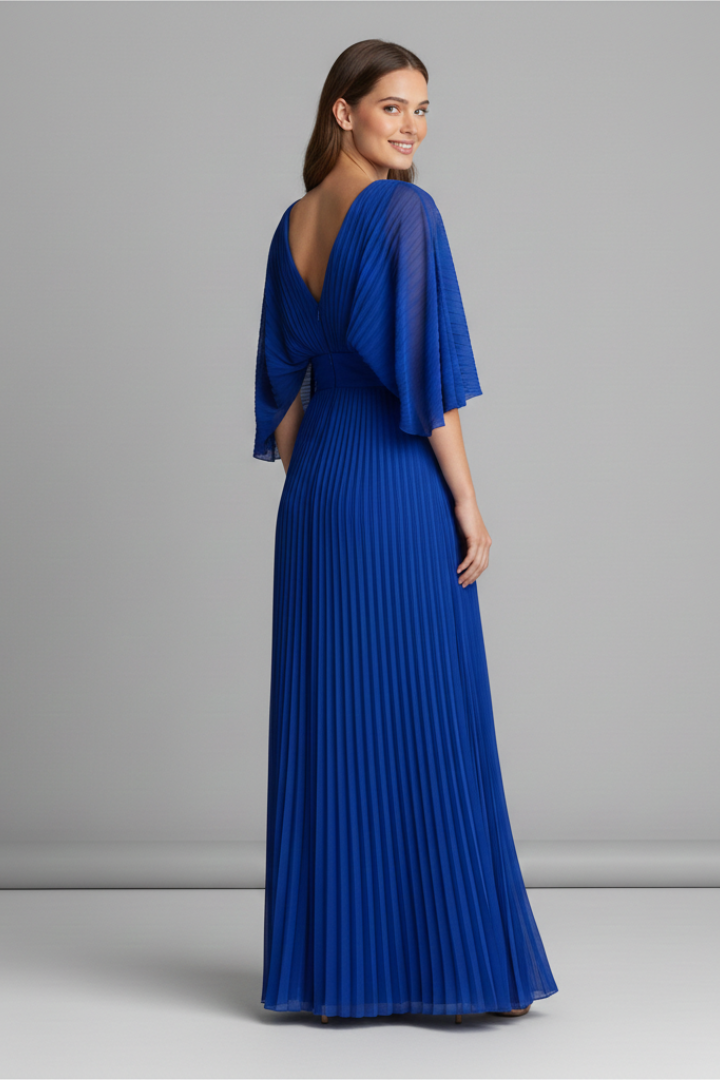 Women's V-Neck Long Sleeve Pleated Maxi Dress – Elegant Wedding Guest & Occasion Dress