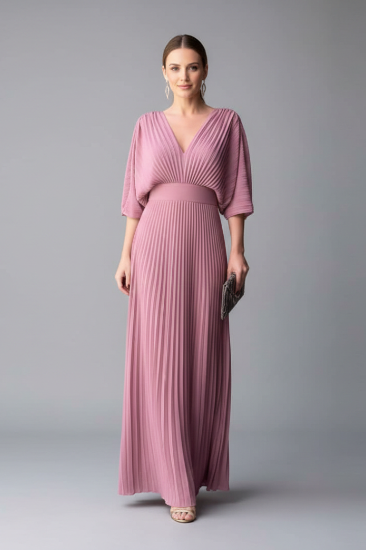 Women's V-Neck Long Sleeve Pleated Maxi Dress – Elegant Wedding Guest & Occasion Dress