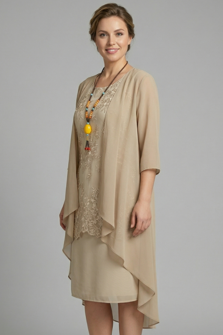 Women's Layered Knee Length Dress with Round Neck, Short Sleeves and Sheer Overlay – Occasion