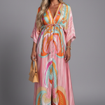 Women's V-Neck Maxi Dress with Tie Waist & Batwing Sleeves – Printed Summer Dress