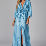 Women's V-Neck Maxi Dress with Tie Waist & Batwing Sleeves – Printed Summer Dress