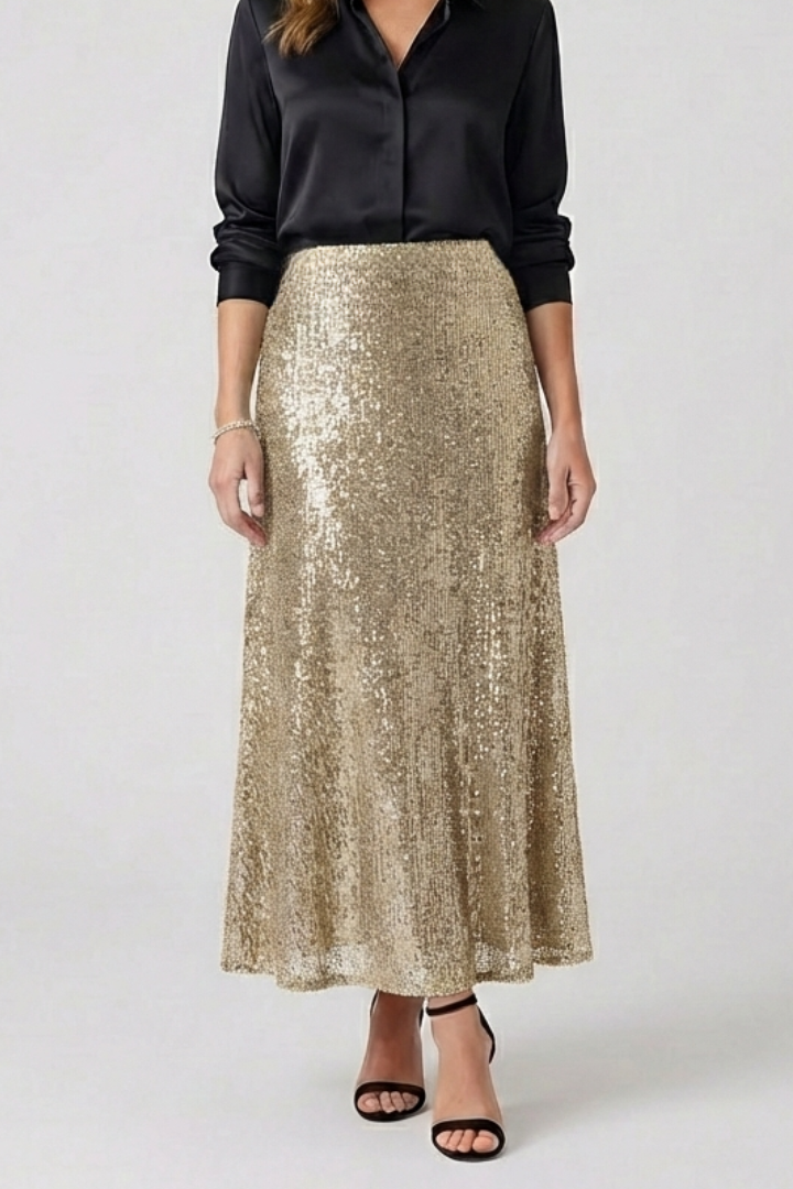 Women's Sequin High Waist Maxi Skirt with Elastic Waistband – Party & Evening Skirt