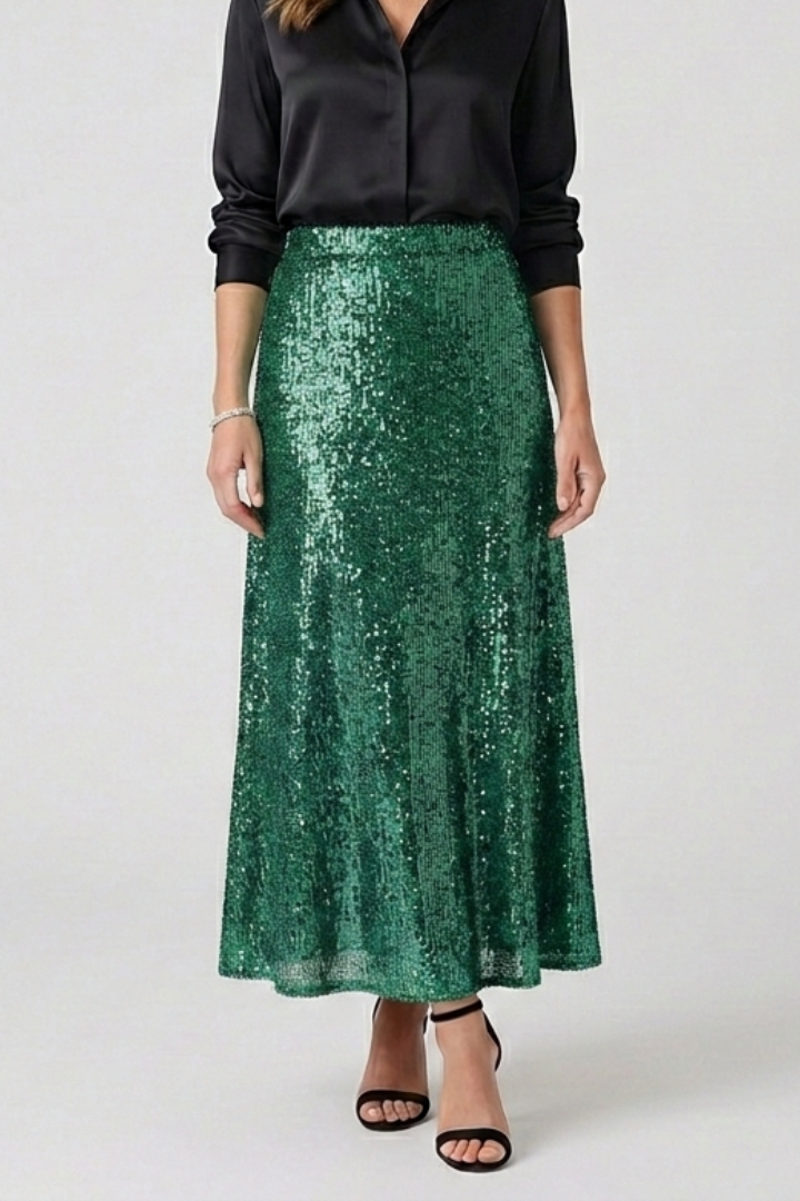 Women's Sequin High Waist Maxi Skirt with Elastic Waistband – Party & Evening Skirt