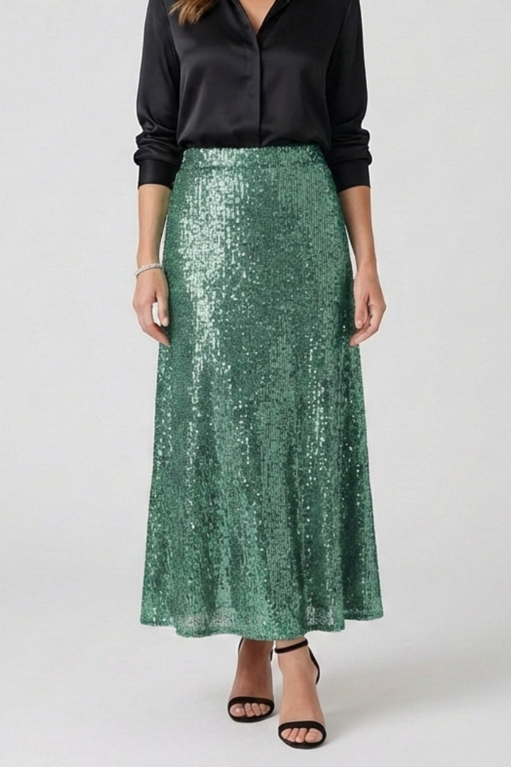 Women's Sequin High Waist Maxi Skirt with Elastic Waistband – Party & Evening Skirt
