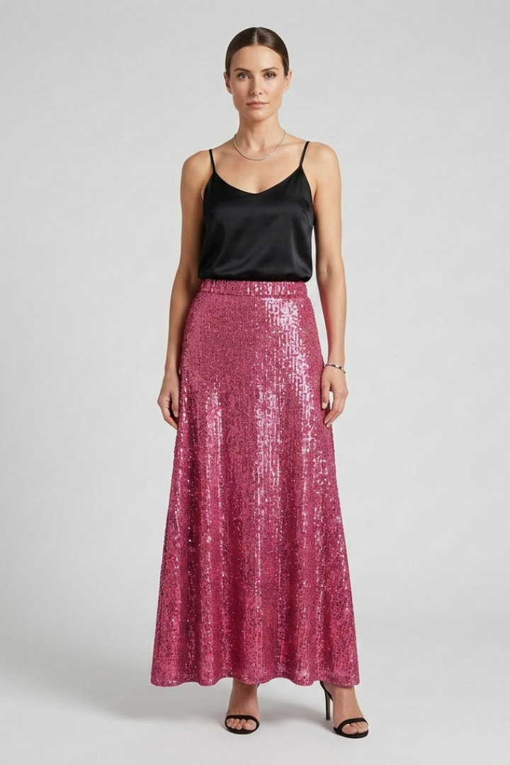 Women's Sequin High Waist Maxi Skirt with Elastic Waistband – Party & Evening Skirt