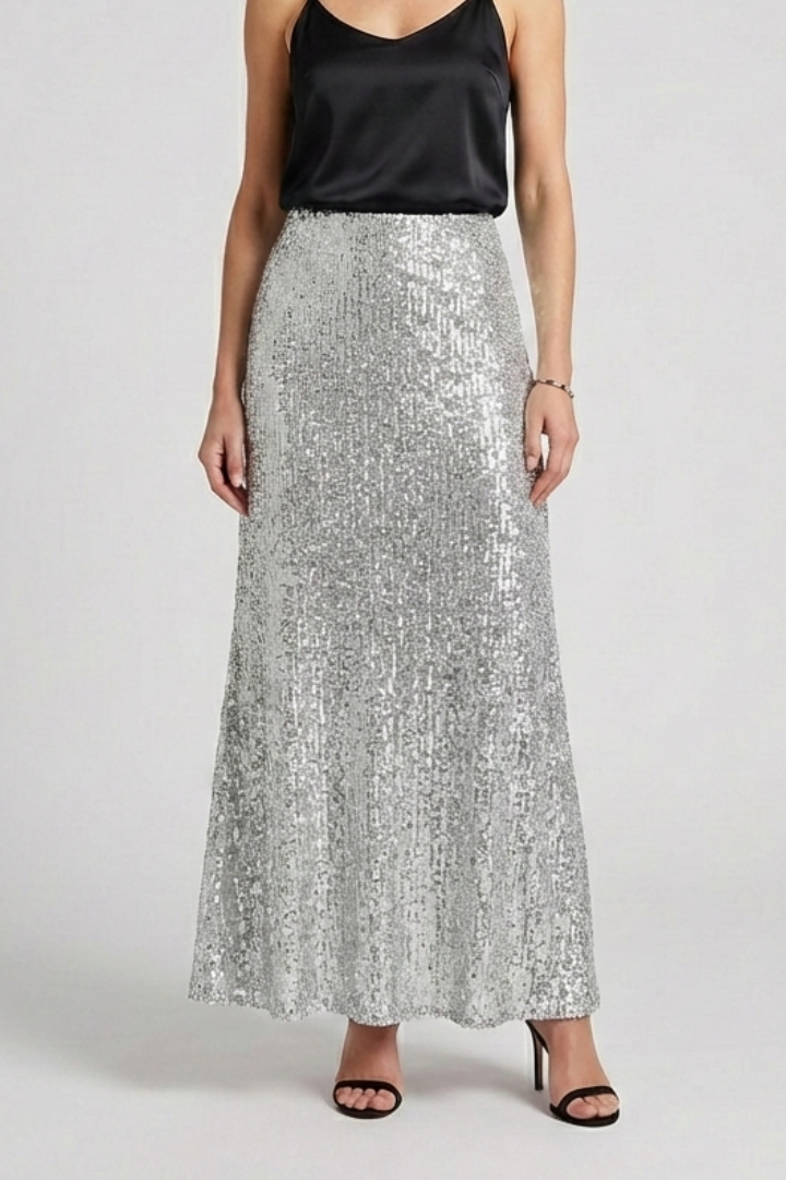 Women's Sequin High Waist Maxi Skirt with Elastic Waistband – Party & Evening Skirt
