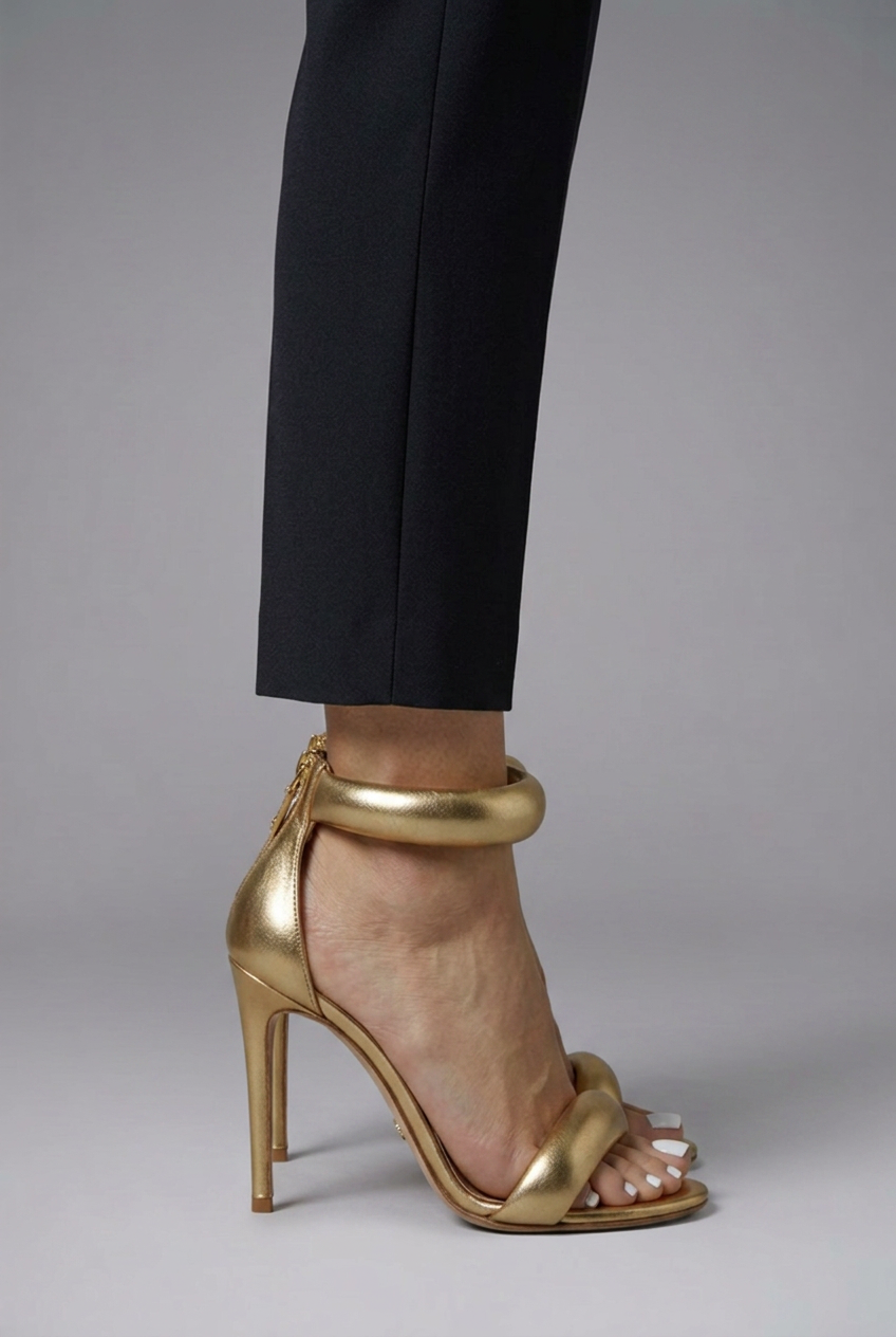 Women's Metallic Gold Stiletto Heel Sandals with Padded Ankle Strap – Party & Evening